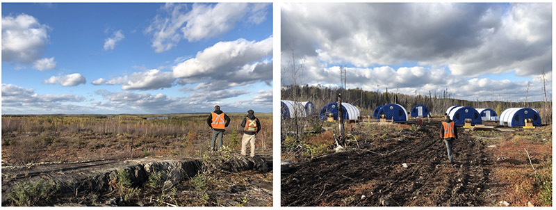 Fisher Zone of Splays looking east towards drill in background (left) – Fisher Exploration Camp (right)